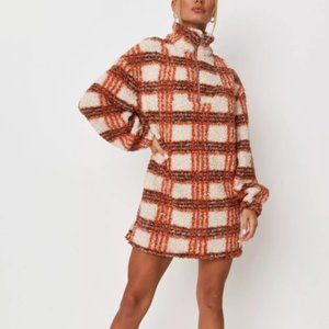 cream plaid half zip borg sweater dress